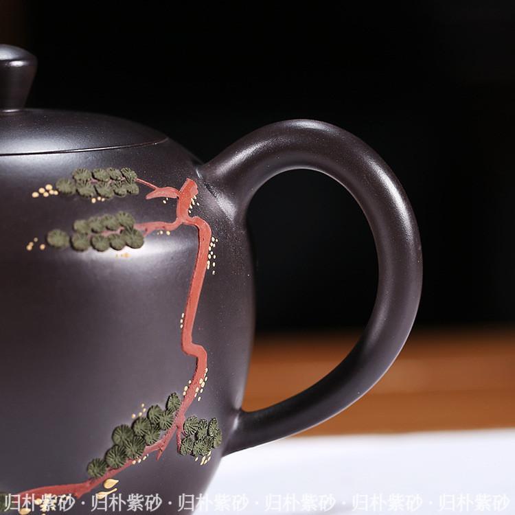 Handmade Yixing Teapot 240cc Purple Clay Zisha Pot Pine Tree Carving Black Clay Tea Pot-Chinese Style Finds™