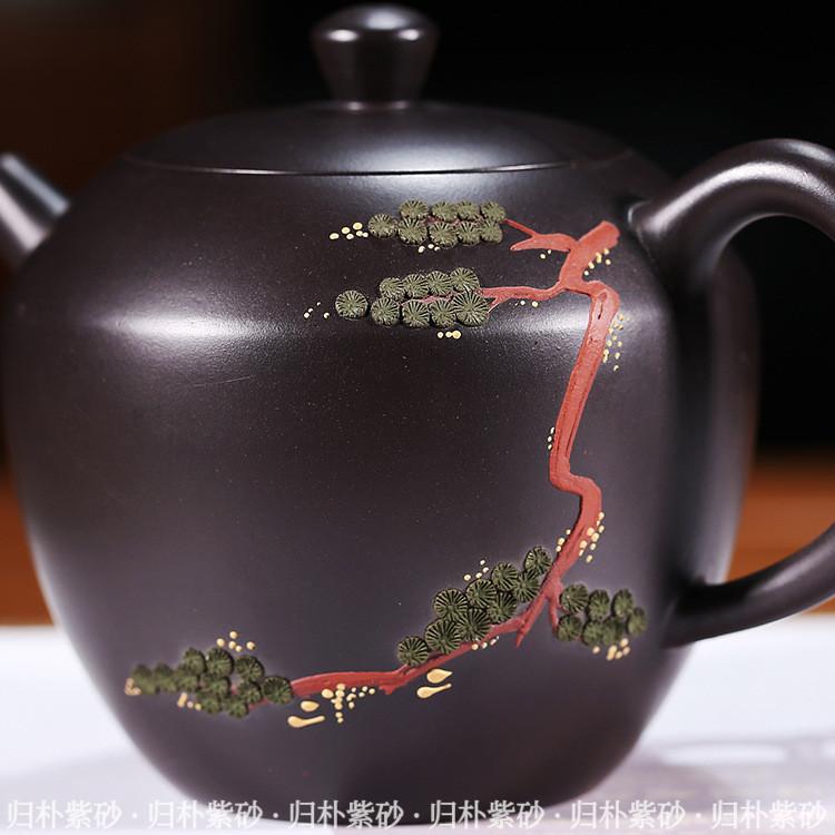 Handmade Yixing Teapot 240cc Purple Clay Zisha Pot Pine Tree Carving Black Clay Tea Pot-Chinese Style Finds™