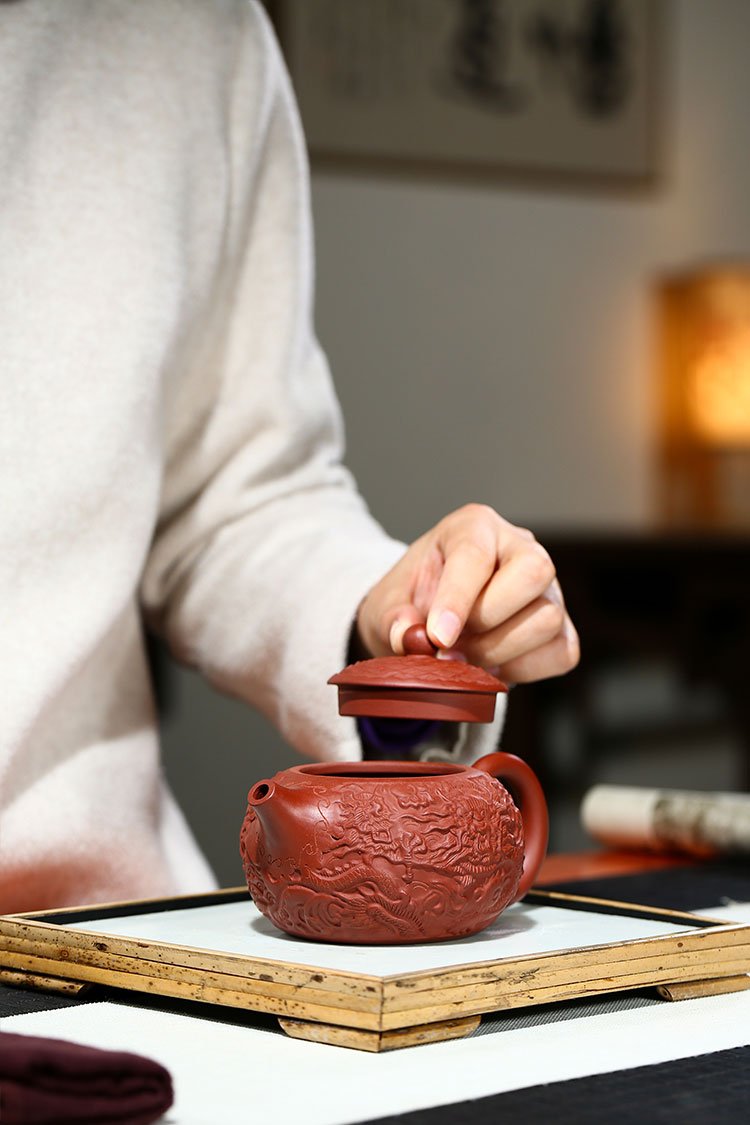 Handmade Yixing Teapot 280cc Purple Clay Zisha Pot Red Clay Dragon Xishi Tea Pot-Chinese Style Finds™