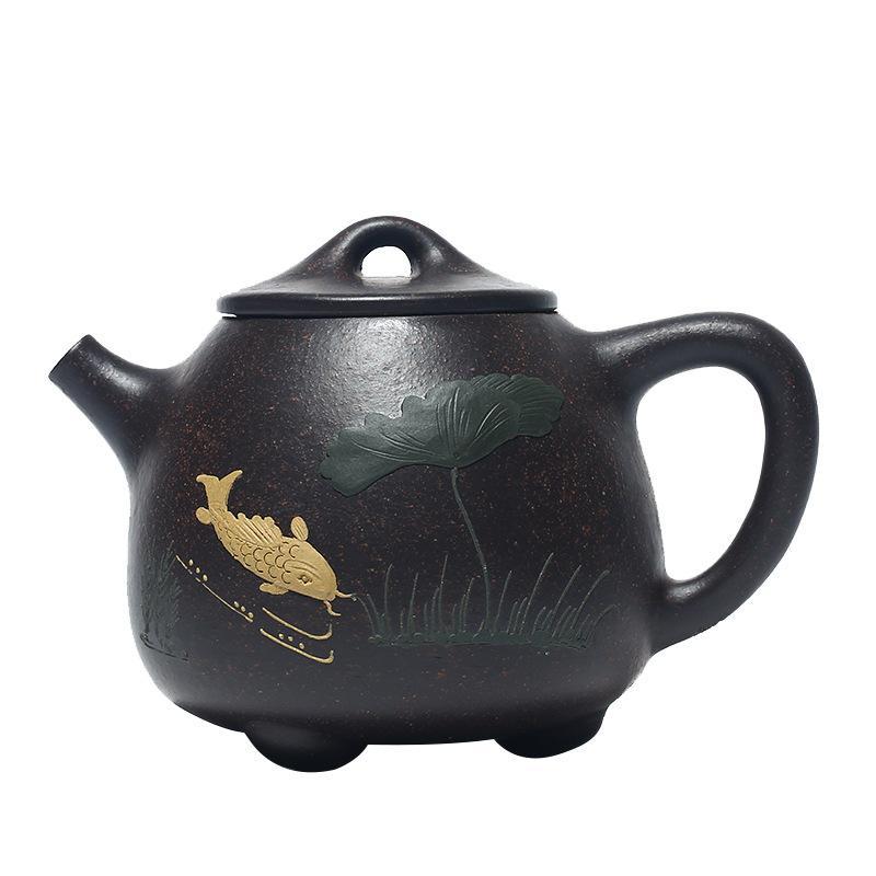 Handmade Yixing Teapot 300cc Purple Clay Zisha Pot Fish Tea Pot Black Clay-Chinese Style Finds™