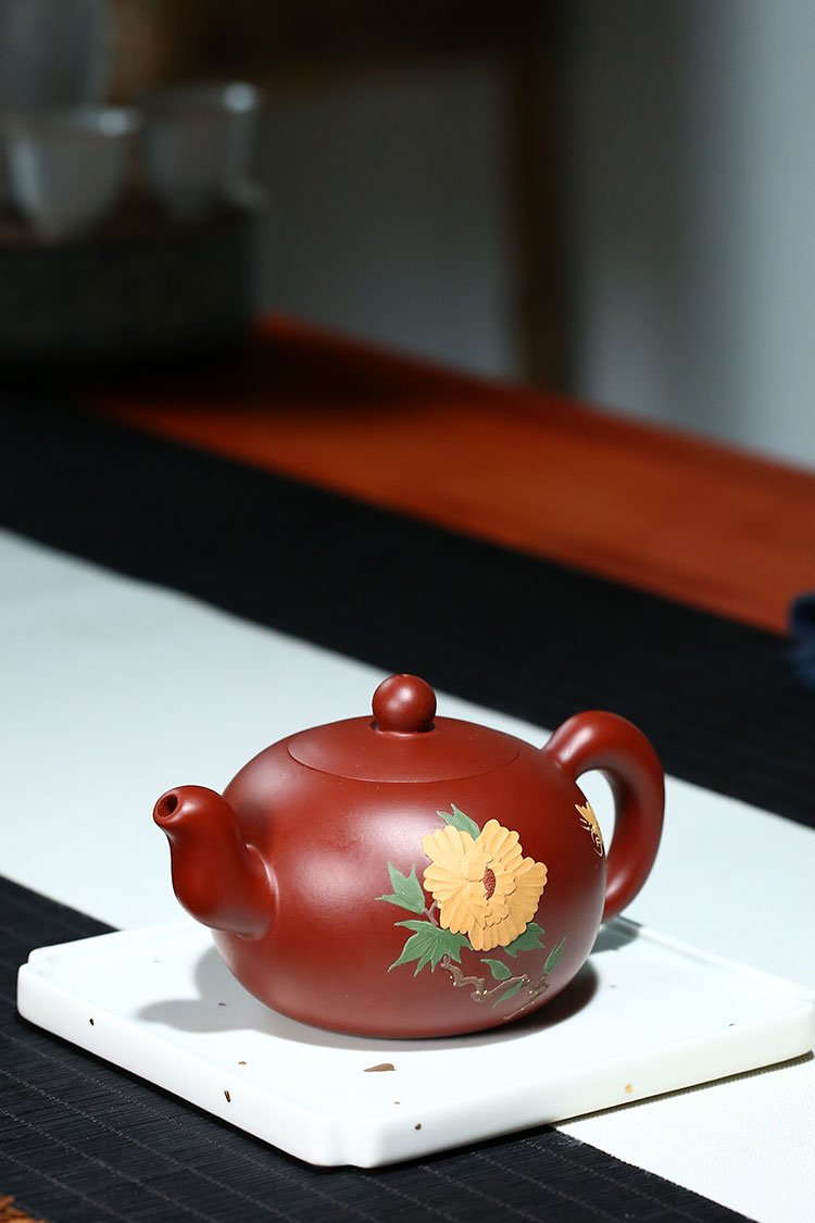 Handmade Yixing Teapot 350cc Purple Clay Zisha Pot Red Clay Painting Tea Pot-Chinese Style Finds™